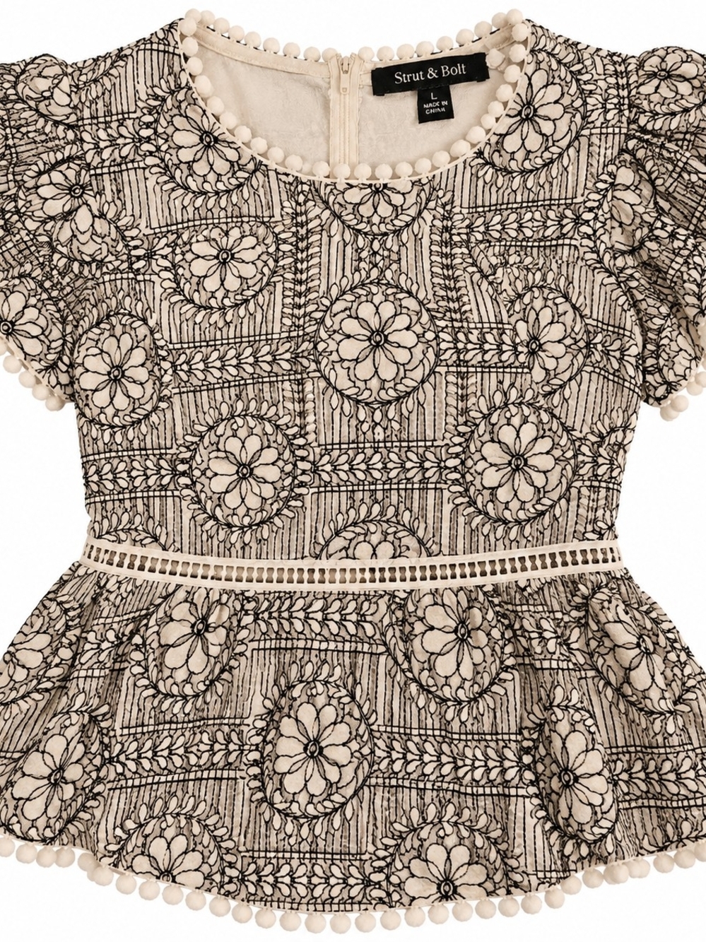 Strut & Bolt Large Cottagecore Floral Peplum Top Vintage Inspired Pom Pom